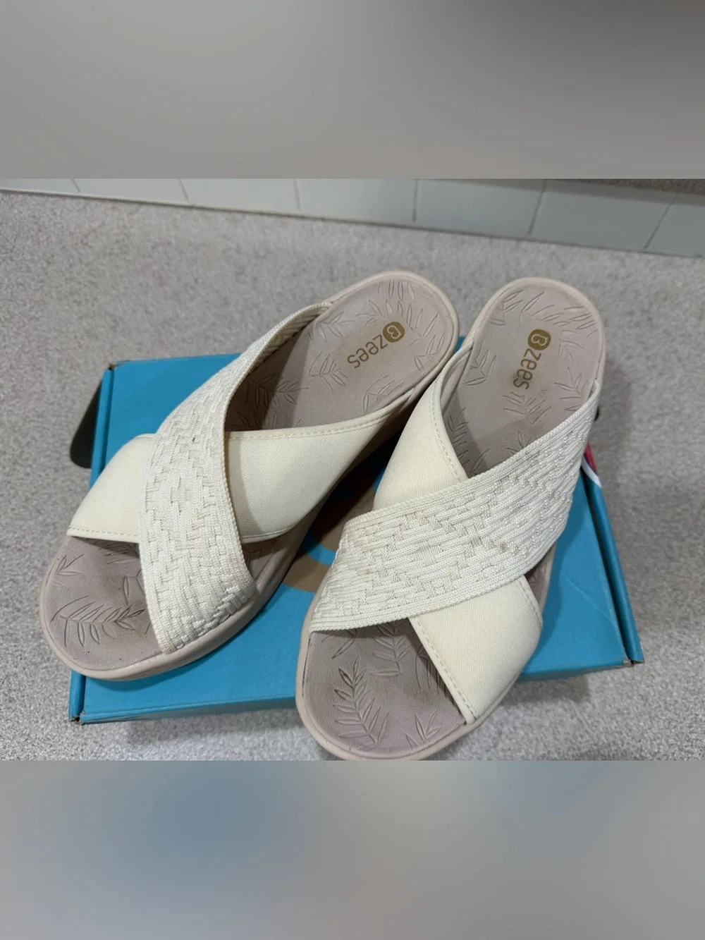 Bzees Women’s Cream Cross-band low Wedge Slide Sandals washable